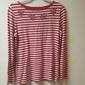 Talbots Red and White Striped Christmas Snowflake Cotton Long Sleeve Top Small